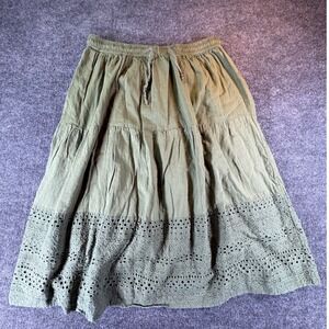 Mudd Nation AK Outfits Olive Green Cotton Eyelet Tiered Midi Skirt Medium